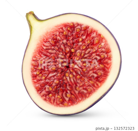 Slice of fig isolated. Half of fig with clipping path. Standing fig cut. Side or top view of fig. 132572323