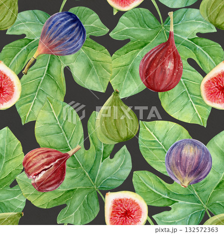 Figs and fig leaves watercolor seamless pattern. Hand-painted botanical illustration on gray background. Perfect for food packaging, kitchen prints, cards, invitations, organic branding, natural 132572363