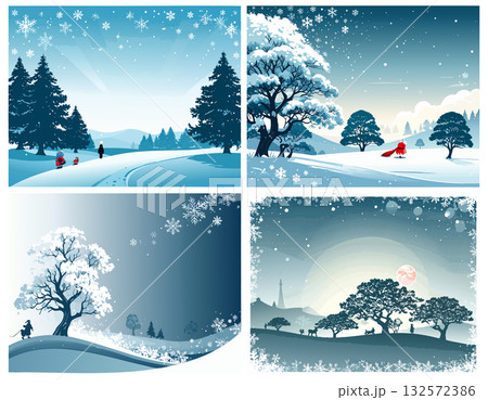 クリスマスの雪降る森風景イラスト クリスマスの雪降る森風景イラスト 132572386
