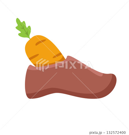 Winter boots with carrot inside, symbol of Sinterklaas. Sinterklaas cartoon hand drawn shoes with carrot. Saint Nicholas Day Poster Vector, Dutch Holiday Celebration Card with Gift in Red Boot 132572400