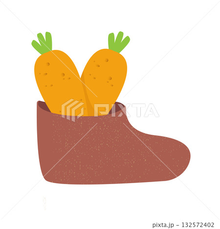Winter boots with carrot inside, symbol of Sinterklaas. Sinterklaas cartoon hand drawn shoes with carrot. Saint Nicholas Day Poster Vector, Dutch Holiday Celebration Card with Gift in Red Boot 132572402