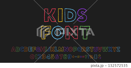 Kids hand drawn font with crayon or color pencil outline letters, numbers, symbols 132572535