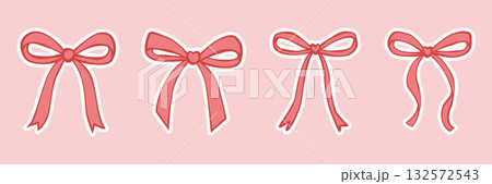 Bows pink doodle sticker set. Hand drawn different shapes of bow knots and ribbons. Simple bowties for packaging, gift wrapping, invitations. Color vector illustrations with white outline 132572543
