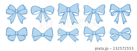 Blue bows doodle set. Hand drawn different shapes of bow knots and ribbons. Simple bowties stickers for packaging, gift wrapping, invitations. Color vector vintage illustration isolated on white. 132572553