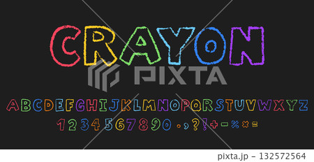 Crayon kids font. Hand drawn alphabet, numbers, signs 132572564