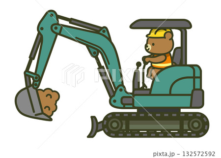 ミニショベル（ミニユンボ・油圧ショベル）を操作する熊の作業員のイラスト（建設機械・工事車両・作業現場 132572592