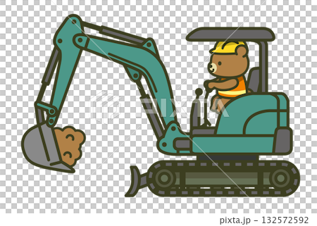 ミニショベル（ミニユンボ・油圧ショベル）を操作する熊の作業員のイラスト（建設機械・工事車両・作業現場 132572592