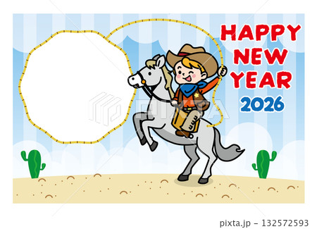 横向き構図のカウボーイ風フォトフレーム年賀状イラスト（干支・西部風・明るい新年デザイン） 132572593
