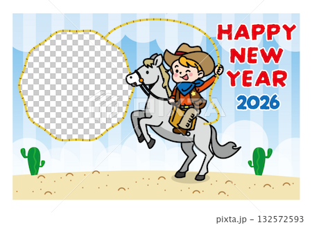 横向き構図のカウボーイ風フォトフレーム年賀状イラスト（干支・西部風・明るい新年デザイン） 132572593