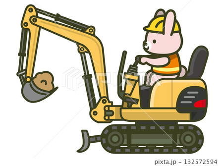 真横の小型ショベルのイラスト（建設現場で使う重機・うさぎの作業員が操作） 132572594