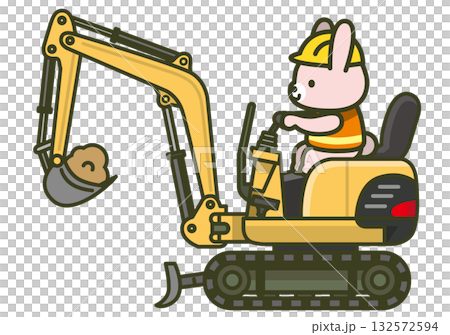 Illustration of a small excavator from the side (heavy machinery used at construction sites, operated by a rabbit worker) Illustration of a small excavator from the side (heavy machinery used at construction sites, operated by a rabbit worker) 132572594