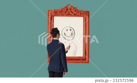 Creative collage. Man drawing happy face on mirror symbolizing positive self-image and mental healing Creative collage. Man drawing happy face on mirror symbolizing positive self-image and mental healing 132572596