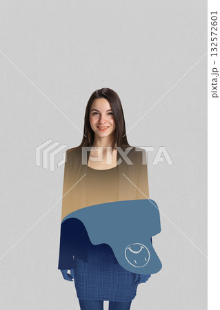 Creative digital artwork. Smiling businesswoman with dark silhouette shredding off. Creative digital artwork. Smiling businesswoman with dark silhouette shredding off. 132572601