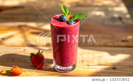 Layered Berry Smoothie in Frosted Glass. Drinks concept. Generated Image Layered Berry Smoothie in Frosted Glass. Drinks concept. Generated Image 132572652