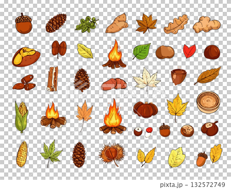 Autumn leaves and roasted sweet potato illustration set Autumn leaves and roasted sweet potato illustration set 132572749