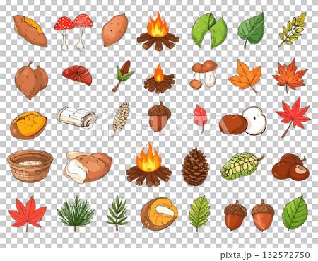 秋のカラフルなもみじ、芋、ドングリのイラストセット 132572750