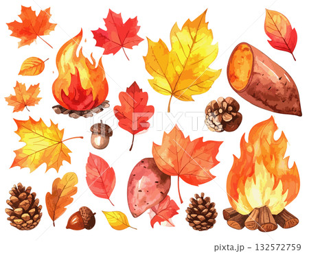 落ち葉とどんぐりと焚き火のイラストセット 落ち葉とどんぐりと焚き火のイラストセット 132572759