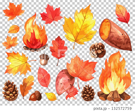 落葉、橡實和營火插圖集 132572759