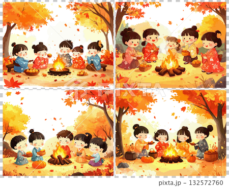 一組插畫，描繪了孩子們在秋葉覆蓋的森林裡烤紅薯的場景。 132572760