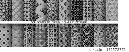 Geometric floral set of seamless patterns. Gray and black vector backgrounds. Damask graphic ornaments Geometric floral set of seamless patterns. Gray and black vector backgrounds. Damask graphic ornaments 132572771