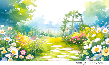 色彩豊かな春の野花が咲き誇る野原と山並みの風景・ピンク・黄色・青の花・遠くの山・爽やか・手描き調自然 132572808