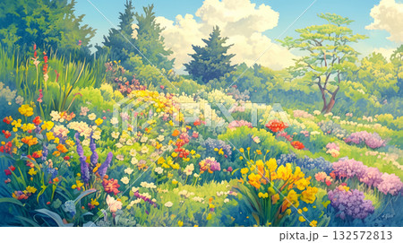 牧歌的な春の丘と木の柵・パステルカラーの花畑と広がる空・手描きイラスト・コスモス・菜の花 牧歌的な春の丘と木の柵・パステルカラーの花畑と広がる空・手描きイラスト・コスモス・菜の花 132572813