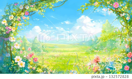 花咲く草原と木漏れ日が広がる手描き風春イラスト・桜と野花・青空・ピンクと黄色の花畑・優しい風景・自然 花咲く草原と木漏れ日が広がる手描き風春イラスト・桜と野花・青空・ピンクと黄色の花畑・優しい風景・自然 132572828