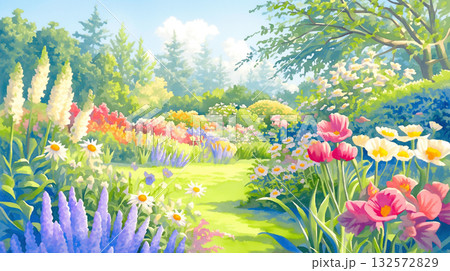 花咲く草原と木漏れ日が広がる手描き風春イラスト・桜と野花・青空・ピンクと黄色の花畑・優しい風景・自然 花咲く草原と木漏れ日が広がる手描き風春イラスト・桜と野花・青空・ピンクと黄色の花畑・優しい風景・自然 132572829