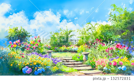 花咲く草原と木漏れ日が広がる手描き風春イラスト・桜と野花・青空
