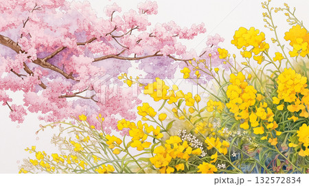 花咲く草原と木漏れ日が広がる手描き風春イラスト・桜と野花・青空・ピンクと黄色の花畑・優しい風景・自然 132572834