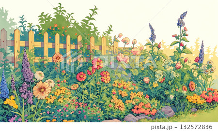 花咲く草原と木漏れ日が広がる手描き風春イラスト・桜と野花・青空・ピンクと黄色の花畑・優しい風景・自然 花咲く草原と木漏れ日が広がる手描き風春イラスト・桜と野花・青空・ピンクと黄色の花畑・優しい風景・自然 132572836