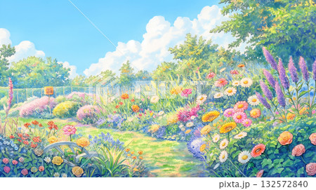 春の陽射しに包まれた野花と青空の風景イラスト・田園・草原・桜・黄色い花・木漏れ日・穏やかな季節感 132572840