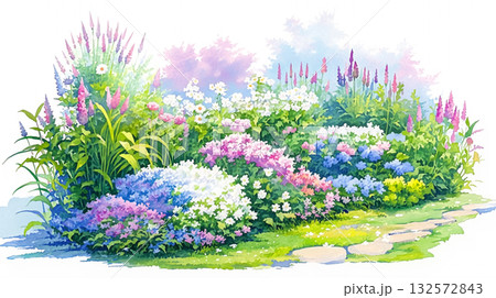 春の陽射しに包まれた野花と青空の風景イラスト・田園・草原・桜・黄色い花・木漏れ日・穏やかな季節感 132572843