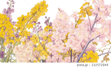 春の陽射しに包まれた野花と青空の風景イラスト・田園・草原・桜・黄色い花・木漏れ日・穏やかな季節感 春の陽射しに包まれた野花と青空の風景イラスト・田園・草原・桜・黄色い花・木漏れ日・穏やかな季節感 132572844