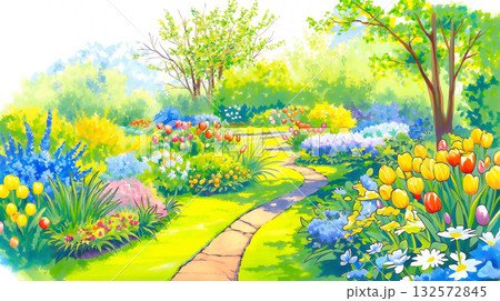 春の陽射しに包まれた野花と青空の風景イラスト・田園・草原・桜・黄色い花・木漏れ日・穏やかな季節感 132572845