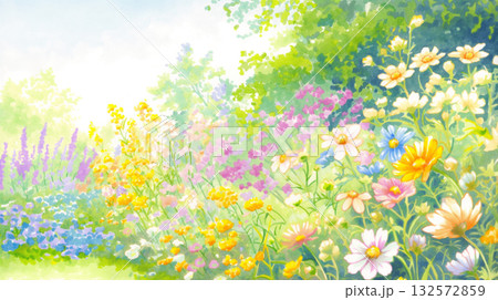青空と山並み、色とりどりの野花が織りなす春の田舎風景・水彩風イラスト・風になびく草花・牧歌的な風景 132572859