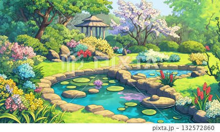 青空と山並み、色とりどりの野花が織りなす春の田舎風景・水彩風イラスト・風になびく草花・牧歌的な風景 132572860