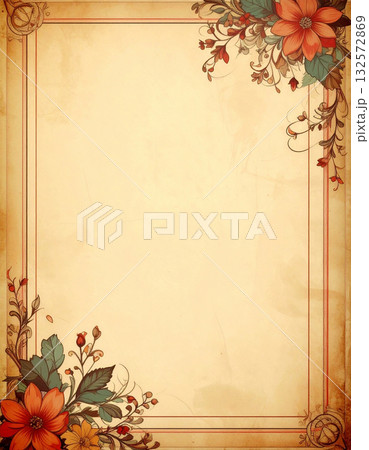 古びた紙の質感と花柄装飾がレトロな雰囲気の飾り枠 132572869