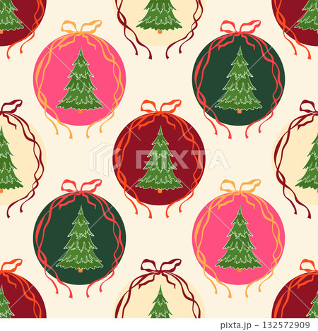 Christmas ornaments vector seamless pattern. Bright xmas baubles with fir trees and festive ribbon bows on light background. Colorful modern winter holiday decorations repeat design for wrapping Christmas ornaments vector seamless pattern. Bright xmas baubles with fir trees and festive ribbon bows on light background. Colorful modern winter holiday decorations repeat design for wrapping 132572909