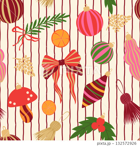 Christmas ornaments vector seamless pattern. Bright xmas baubles, mushroom decoration, festive tassels, ribbon bows on light striped background. Colorful winter holiday maximalist decor repeat design 132572926