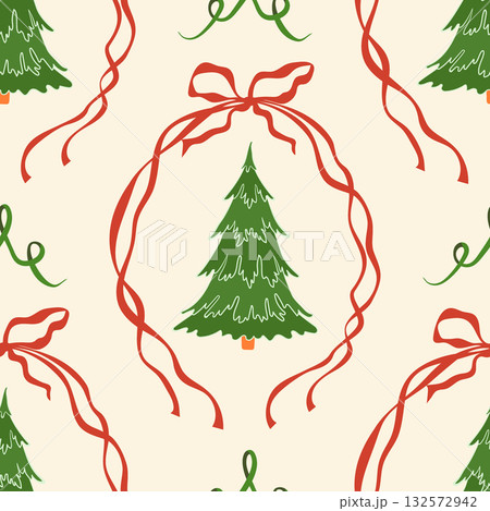 Christmas tree vector seamless pattern. Evergreen xmas pine trees and red ribbon bows on light cream background. Traditional festive winter holiday repeat design for wrapping, textile in flat style 132572942