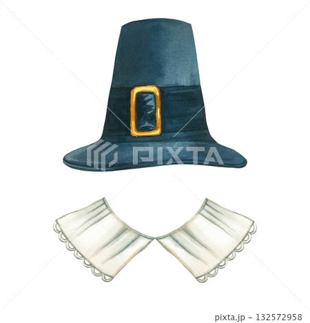 Thanksgiving pilgrim costume, buckle hat and white lace collar. All objects are hand-painted in watercolor and isolated on a white background. For printing on postcards, invitations, product packaging 132572958