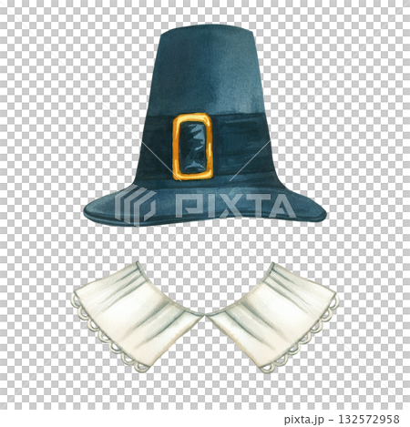 Thanksgiving pilgrim costume, buckle hat and white lace collar. All objects are hand-painted in watercolor and isolated on a white background. For printing on postcards, invitations, product packaging 132572958