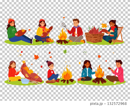 一家人享受野餐的插畫集，烤地瓜 132572968