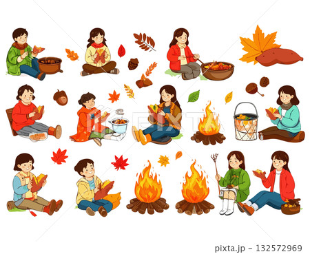秋にアウトドアで焚き火をするイラストセット 132572969