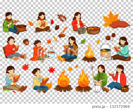 秋にアウトドアで焚き火をするイラストセット 132572969