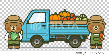 兩隻農夫熊和一輛裝載著收穫的捲心菜和胡蘿蔔的輕型卡車的插圖(耕作、收穫、可愛動物) 兩隻農夫熊和一輛裝載著收穫的捲心菜和胡蘿蔔的輕型卡車的插圖(耕作、收穫、可愛動物) 132572970