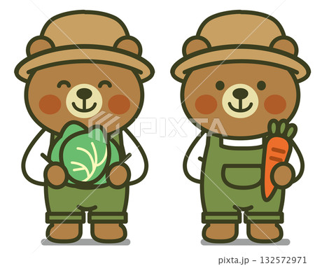 収穫したキャベツとニンジンを持つ農家の熊さん2匹のイラスト（農作業・収穫・かわいい動物） 132572971