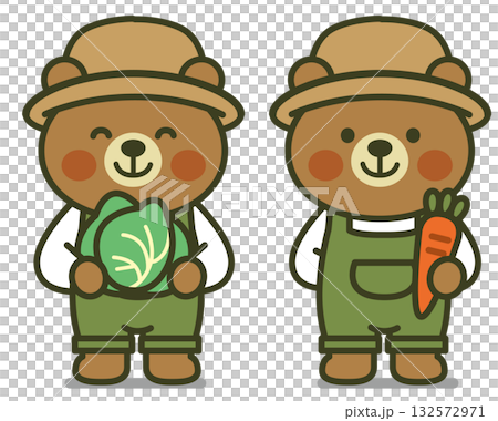 収穫したキャベツとニンジンを持つ農家の熊さん2匹のイラスト（農作業・収穫・かわいい動物） 132572971