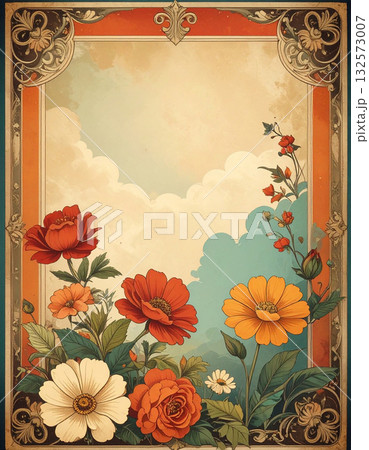 レトロな額縁と鮮やかな花が描かれたビンテージ調の背景 132573007